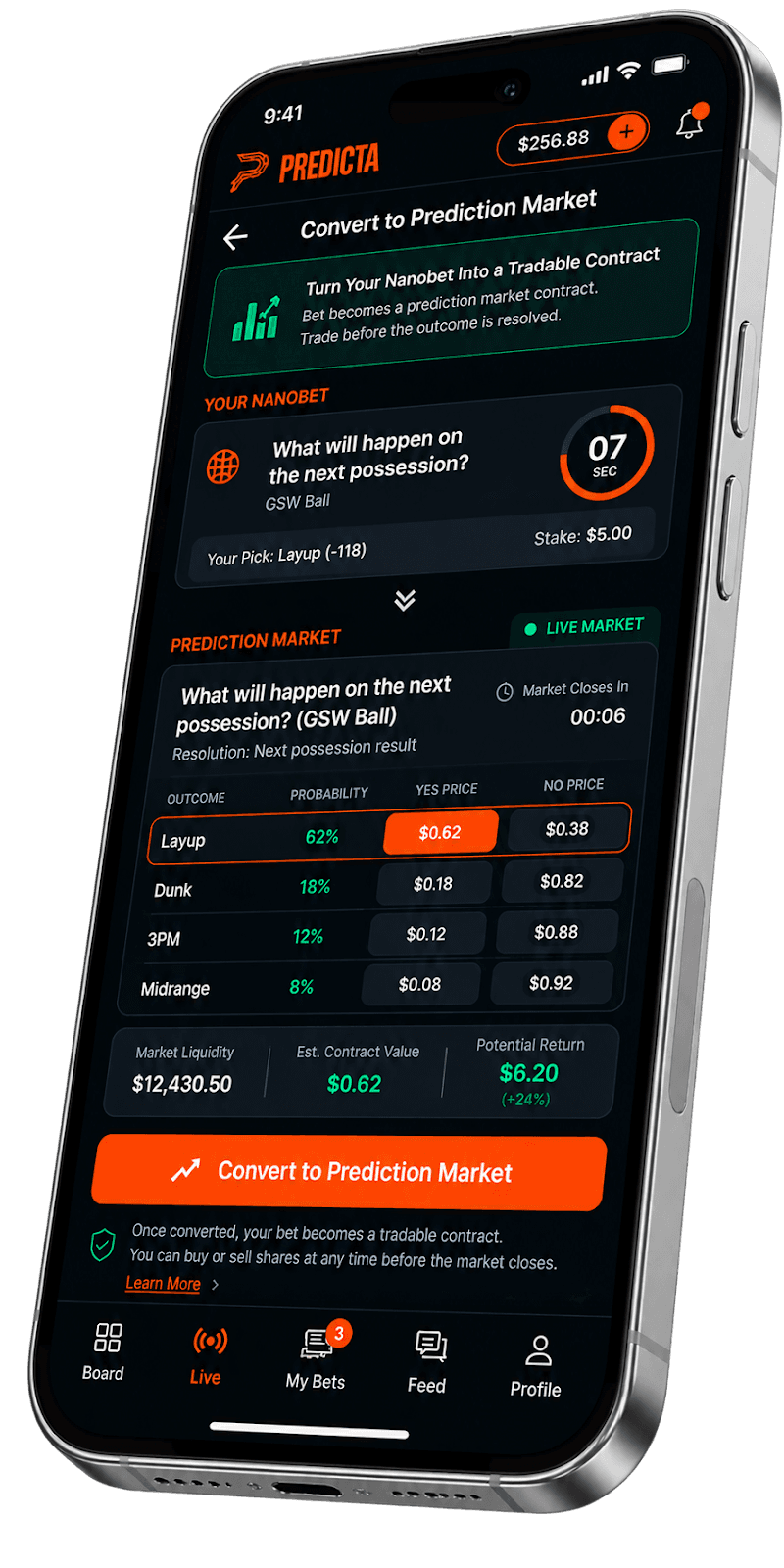 Converting a nanobet into a tradable prediction market contract in the Predicta app